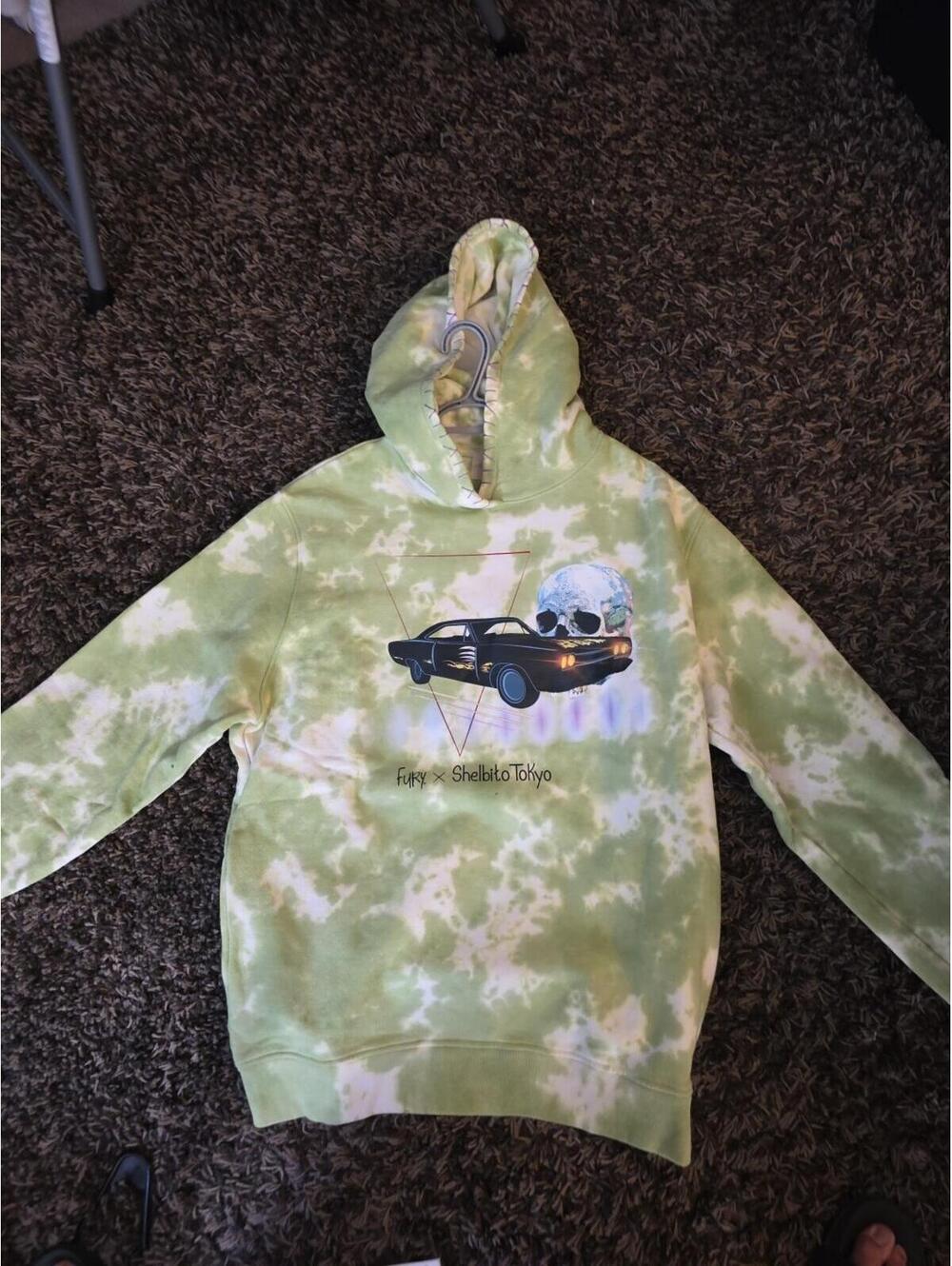 Reigning Fury Green Tie-Dye Pullover Hoodie S Car Skull Graphic Fleece Hooded